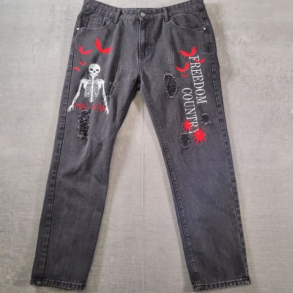 Faded Black Jeans Bats Skull Halloween Grunge‎ Mens Size 36 x 28 - Picture 1 of 8